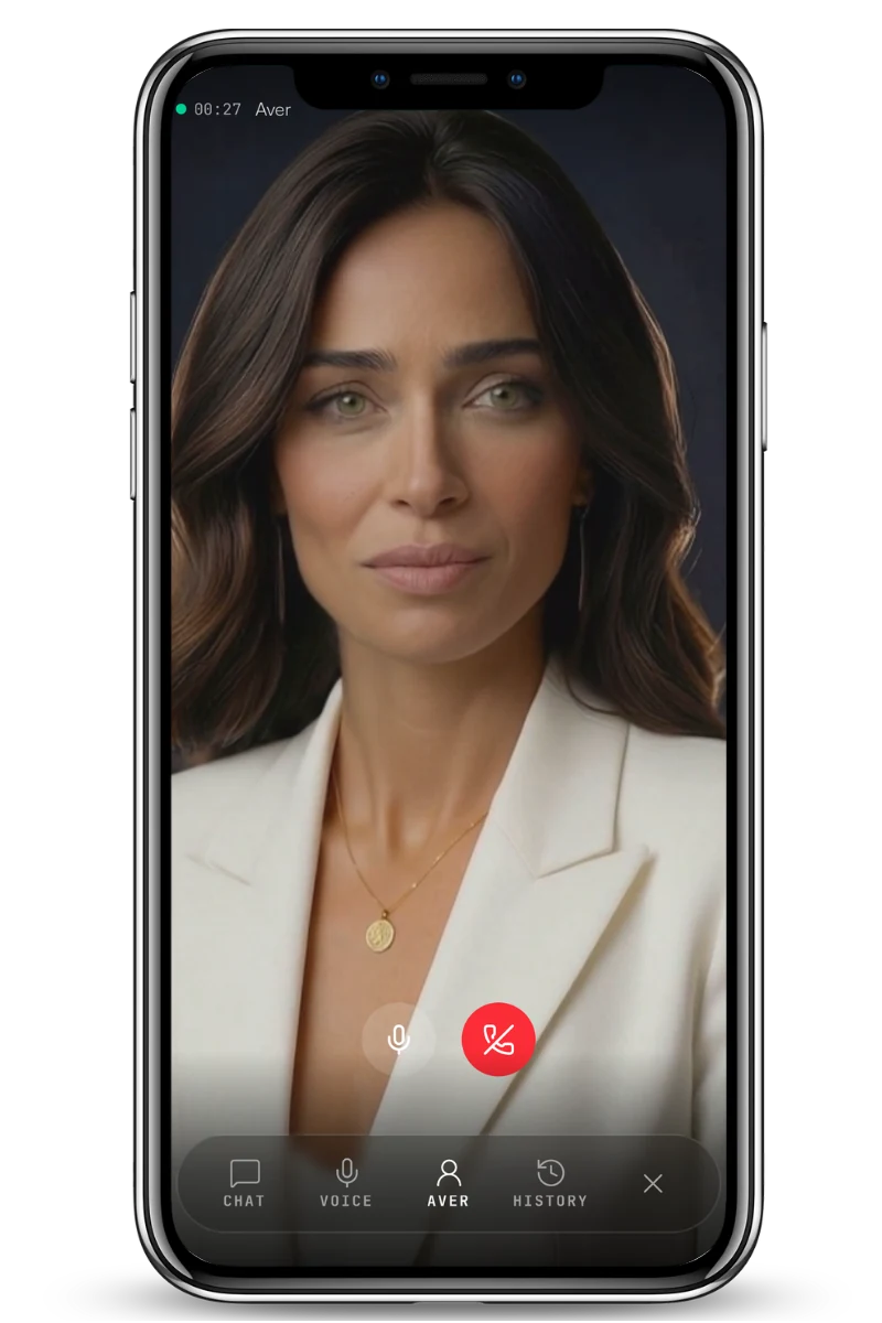 A live voice call with Aver, the intelligent health companion avatar in the AverCare app