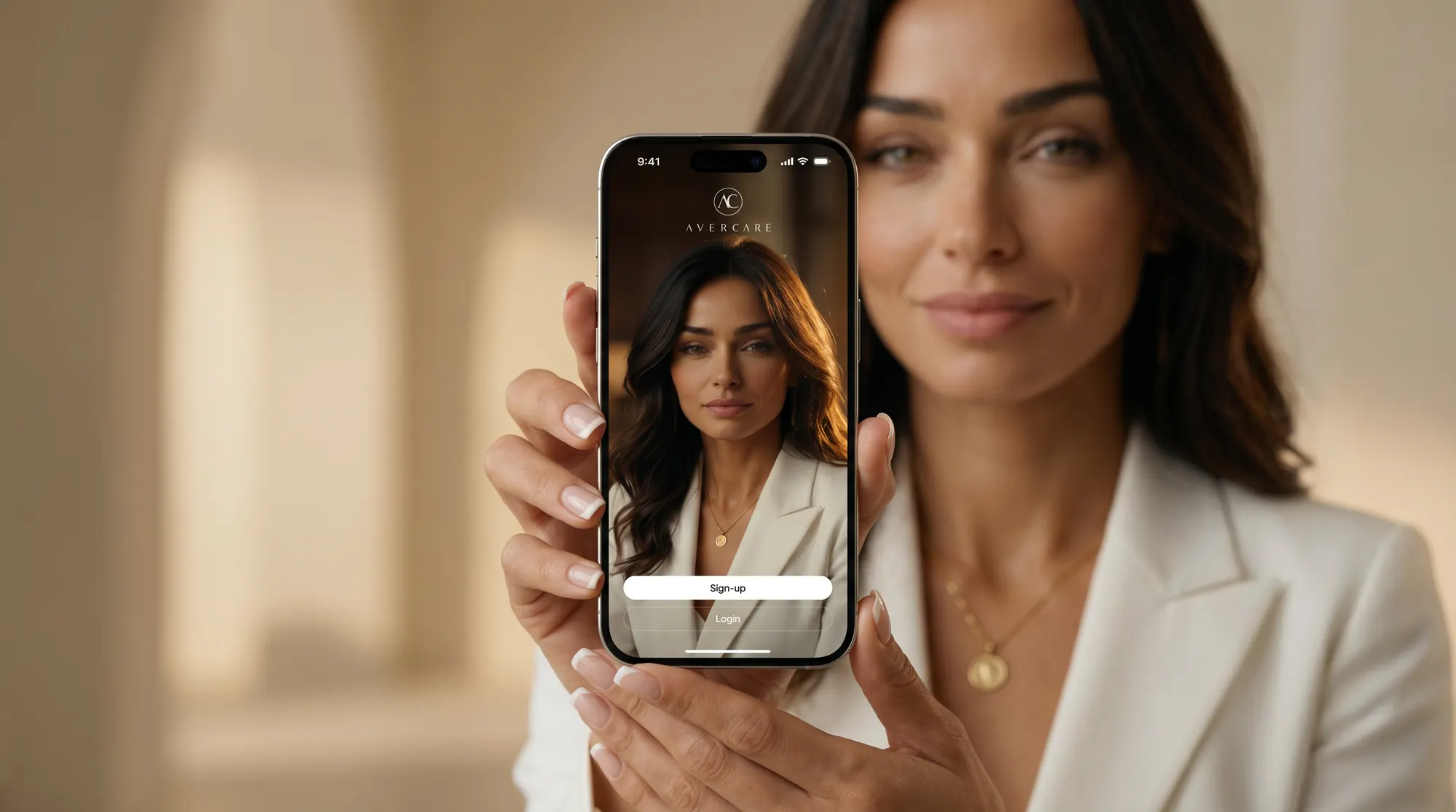 A woman holding a phone showing the AverCare app opening screen with Aver, her intelligent health companion