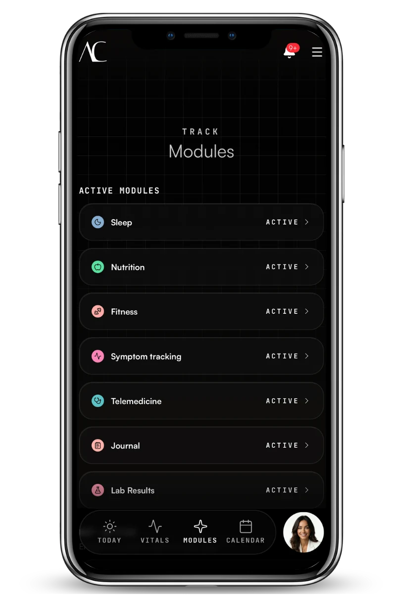 AverCare modules screen listing sleep, nutrition, fitness, symptom tracking, telemedicine, journal, and lab results
