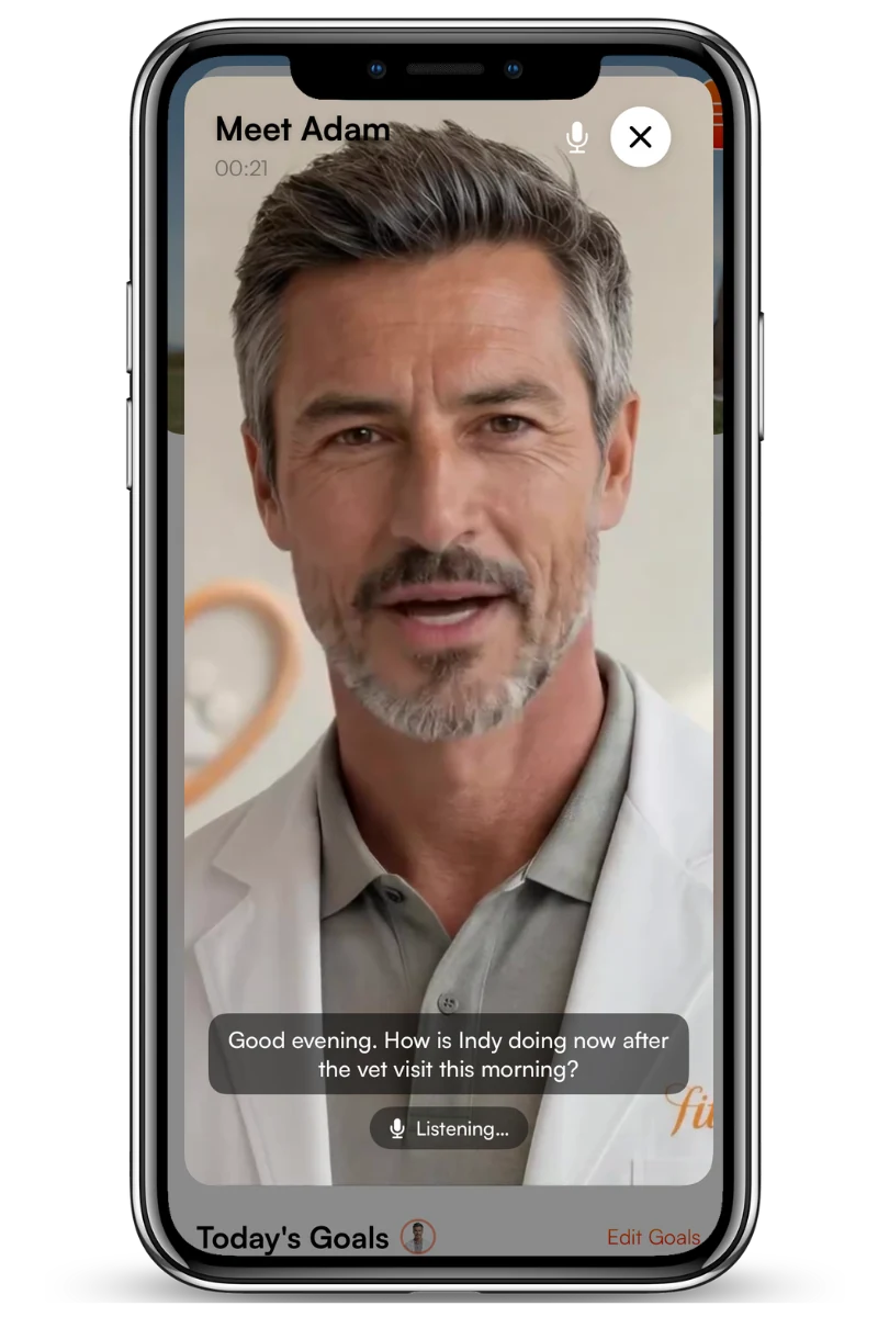 A live voice conversation with Adam, an intelligent veterinary avatar, referring to a vet visit earlier that day