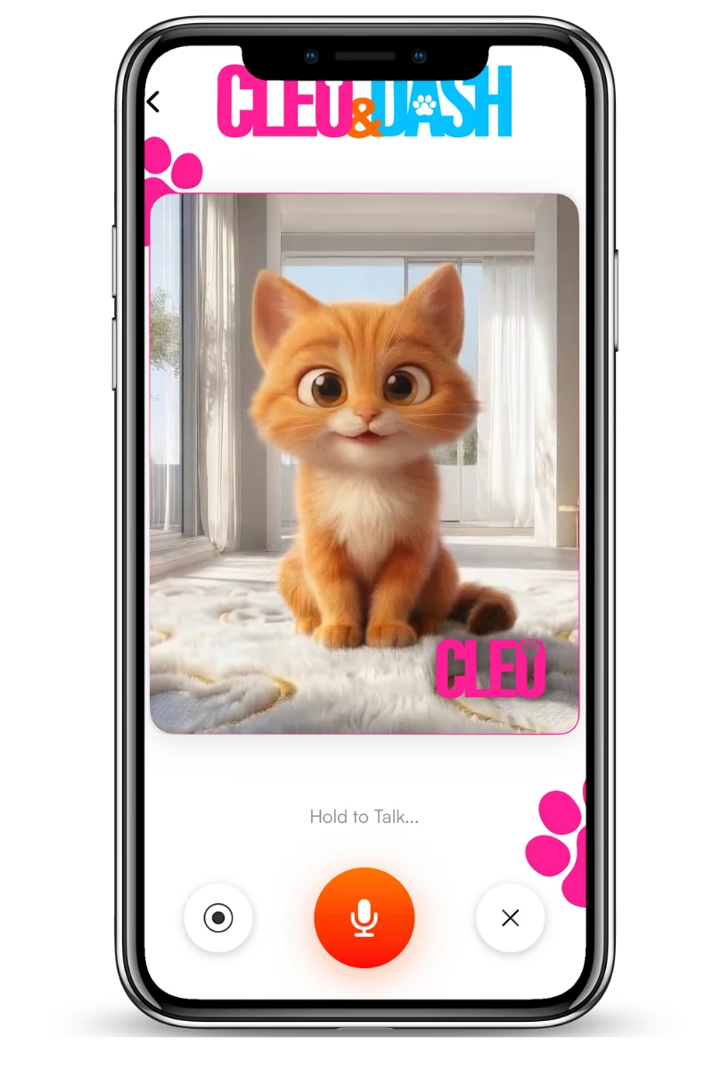 Cleo, an interactive pet persona in the FitFur app, on a hold-to-talk conversation screen