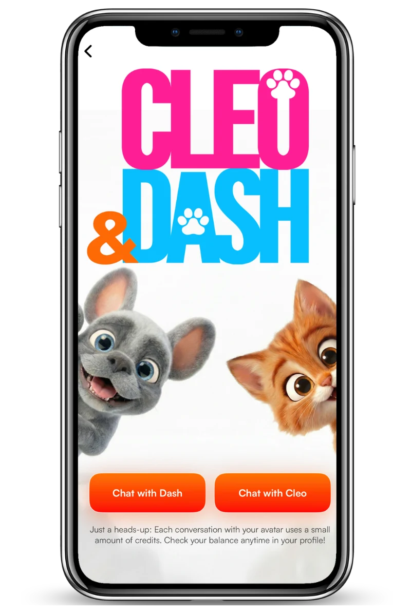 The Cleo and Dash selection screen in the FitFur app, offering a chat with either character