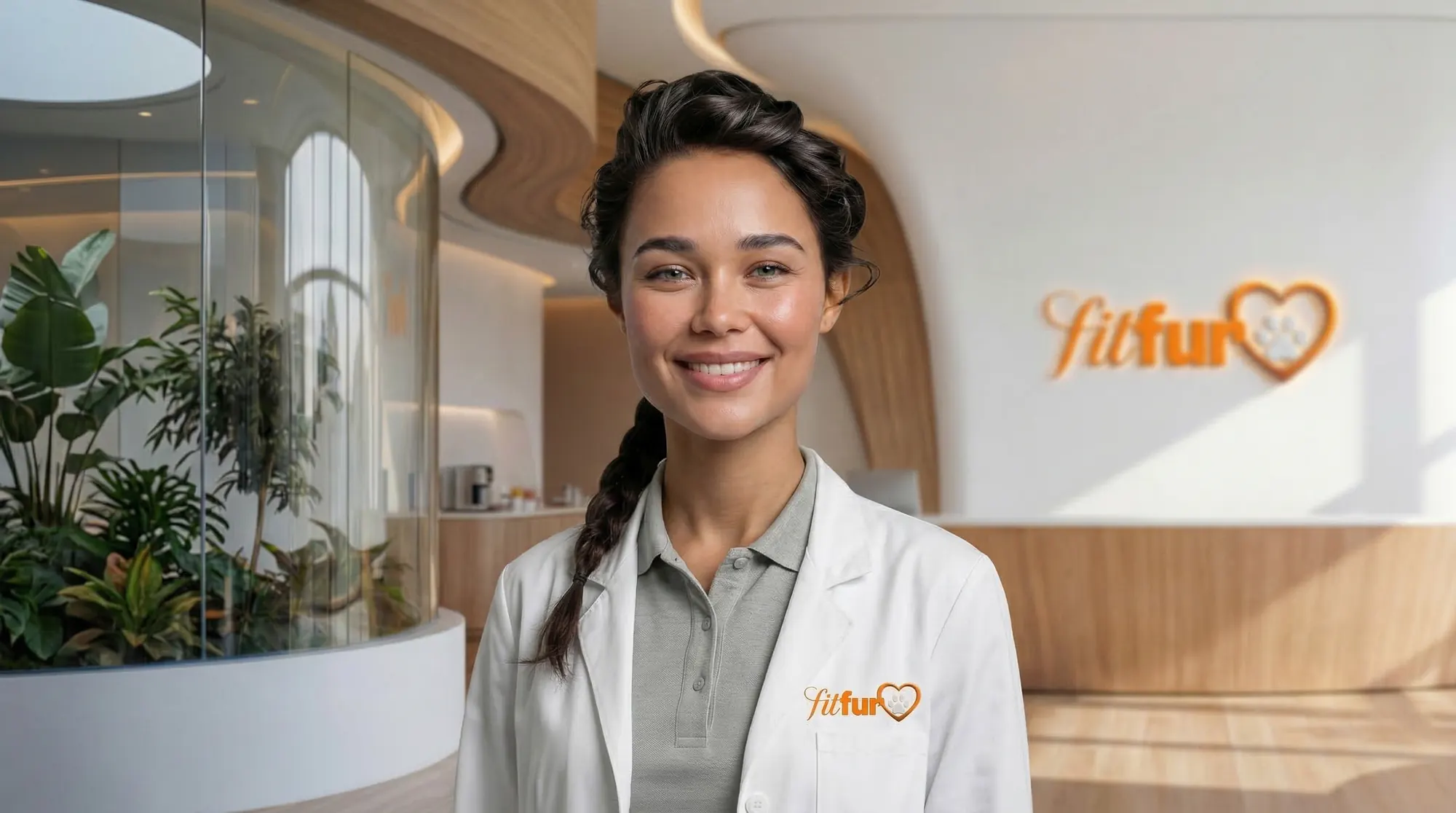 Kat, an intelligent veterinary avatar built for FitFur, in a FitFur-branded clinic