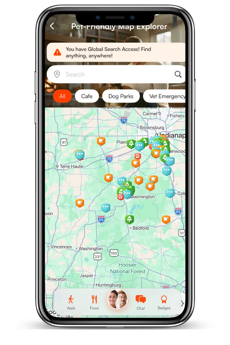 FitFur pet-friendly map explorer showing cafes, dog parks, and emergency vets across a region
