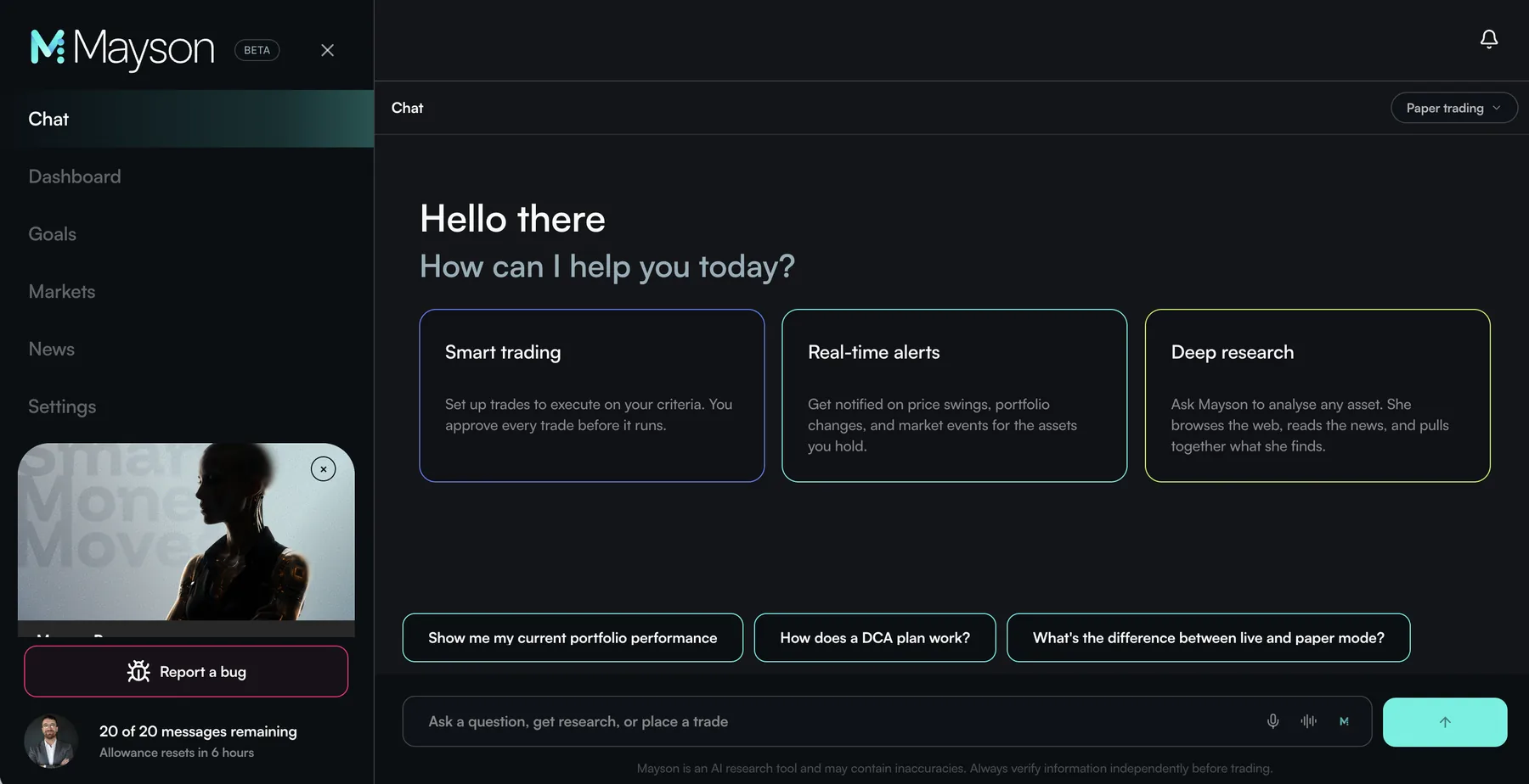 The Mayson chat interface showing smart trading, real-time alerts, and deep research options, running in paper trading mode