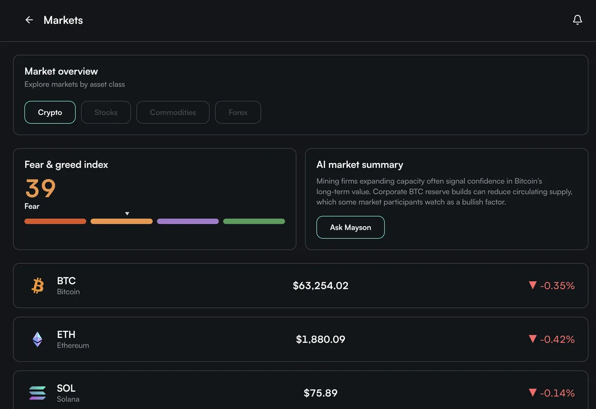 Mayson markets screen showing a fear and greed index, a generated market summary, and live crypto prices