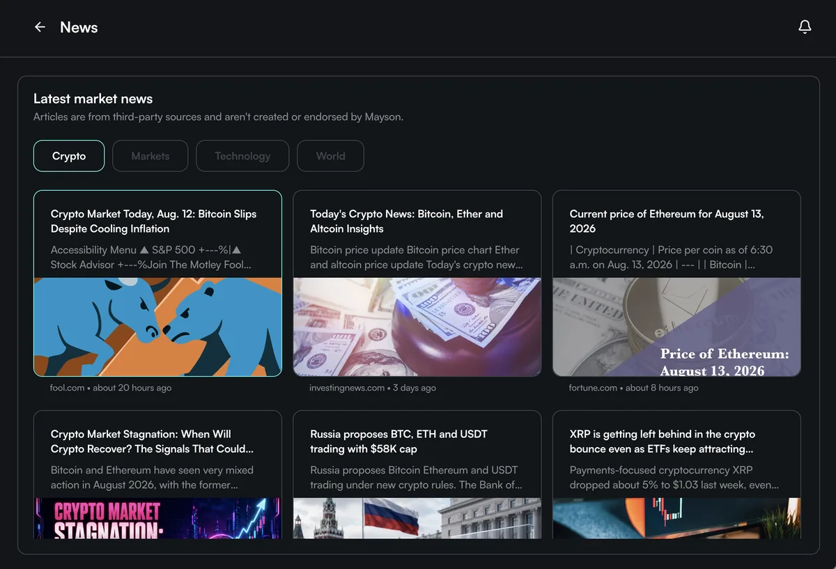 Mayson news screen aggregating third-party market coverage with source attribution and timestamps